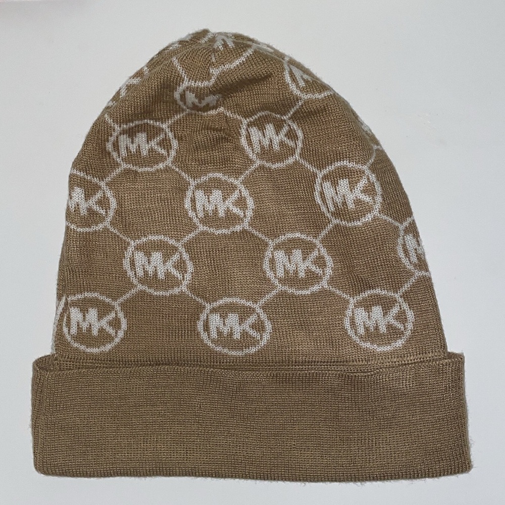 Michael Kors Tan & White Beanie with MK Logo